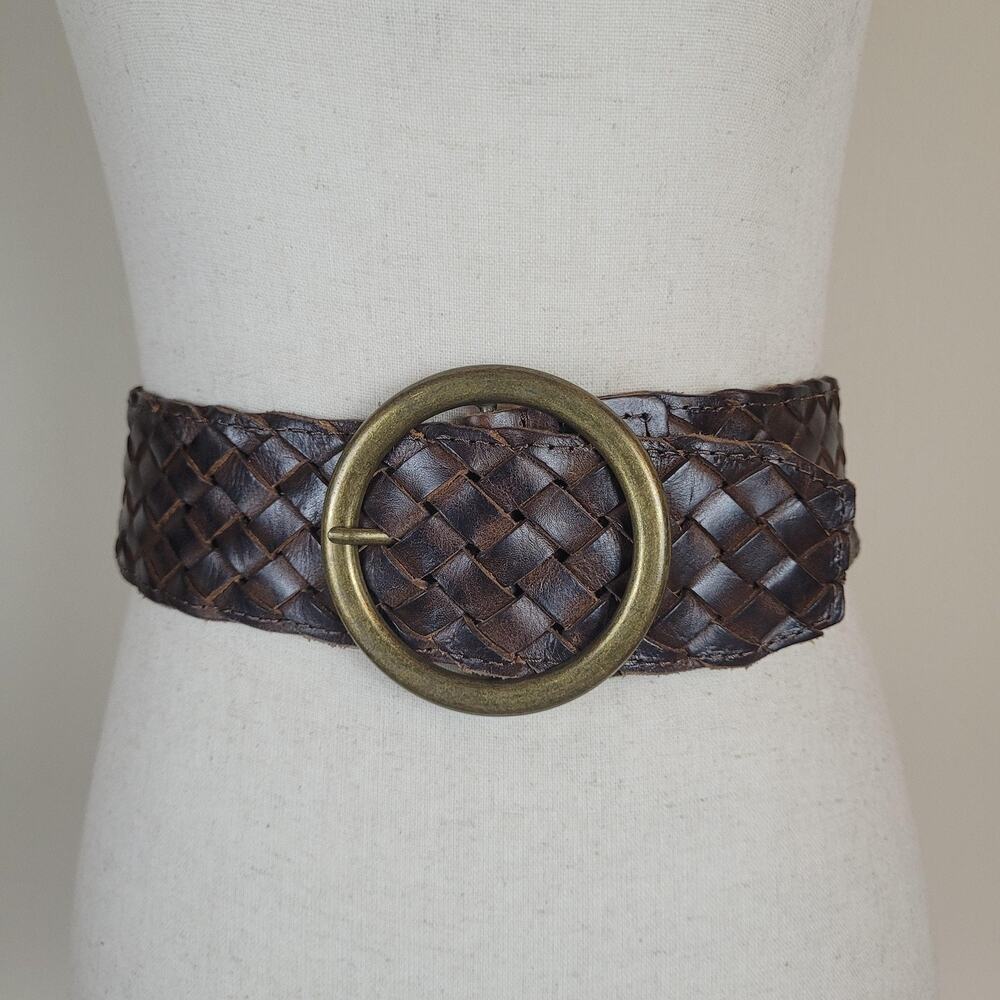 Bed Stu Belt 32 Brown Leather Wide Woven Circle Buckle Boho Rustic Dreamweaver